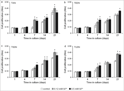 Figure 6. Cell proliferation assay. Live cells were monitored over time with the PrestoBlue Cell Viability Reagent. An increase in cell proliferation was seen in both treated samples in all substrates, particularly from day 7 to 21. After 7 days, this increase was quite consistent for both concentrations of the drug. In some cases, an increase in proliferation was seen only in cells treated with either 0.12 or 0.5 mM Sr2+. A large effect size was found for the increase seen on all the substrates (r > 0.5). *P < 0.05 vs. control.