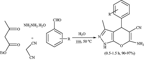 Scheme 132. Catalyst-free synthesis of pyranopyrazoles under ultrasonic irradiation.