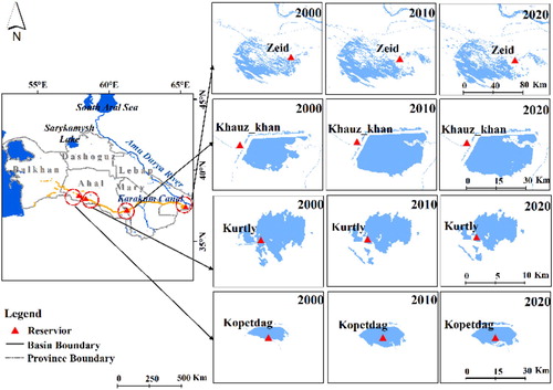 Figure 7. The water surface areas of reservoirs along the Karakum Canal in 2000 and 2020.