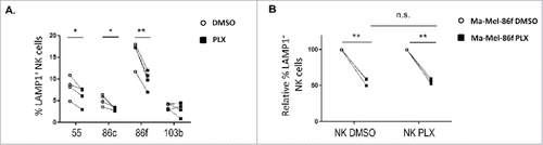 Figure 4. Effect of vemurafenib on NK cell recognition of melanoma cells. Metastatic melanoma cells Ma-Mel-55 (55), Ma-Mel-86c (86c), Ma-Mel-86f (86f) and Ma-Mel-103b (103b) were treated 48 h with either 1 μM vemurafenib or DMSO and used as targets in experiments of degranulation using NK cells. The plots represent the percentage of NK cells positive for surface CD107a (LAMP1) as a measure of degranulation. A. Healthy donor NK cells. Each symbol corresponds to an experiment with a different donor (n = 4). B. Autologous NK cells. Ma-Mel-86f were used as target cells. Autologous NK cell were also treated 48 h with DMSO or vemurafenib. Data represent the relative decrease as percentage of untreated cells. Three independent experiments are shown (n.s., non-significant; #p < 0.05 ## p < 0.01).