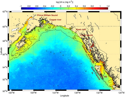 Fig. 19 Chl-a concentration climatology (1998–2010) for the Gulf of Alaska. The 100 and 1000 m isobaths are shown. Hecate Strait is identified with the acronym HS.