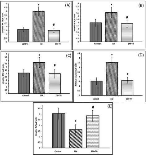 Figure 2. Effect of cell phone radiation and LXRs activation on gene expressions of NF‐κB (A), IL-6 (B), TNF-α (C), Caspase 3 (D) and Bcl-2 (E). Data are represented as mean ± standard deviation. Significance (P < 0.05): (*) significant when compared with control group, (#) significant when compared with EM group