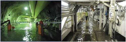 Figure 4. (a) Existing pipeline damaged due to water hammer with installation of additional pump (55 kW x 2, 110 kW x 1) at chamber; (b) Water inflow at TBM back up trailer (Max. 1.3 m high at TBM).