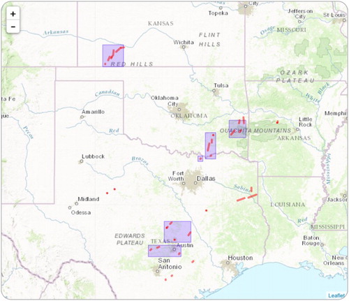 Figure 19. Individual tornadoes (red dots and lines) and tornado clusters (transparent blue polygons) that occurred on 25 May 2015.