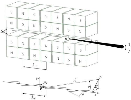 Figure 4. Sketch of a planar undulator. Electrons oscillate in the gap between two periodic arrays of permanent magnets. The characteristic period of electron oscillation is characterized by the magnetic structure defined by the undulator period . Synchrotron radiation is emitted in a cone due to the continuous deflection of particles. Geometry of undulator radiation emission (bottom).