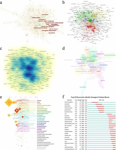 Figure 7. Analysis of keywords and burst detection. The network map of keywords in TRPV1 channel and inflammation by Citespace (a) and VOSviewer (b); (c) the density of keywords in TRPV1 channel and inflammation by VOSviewer; (d) Cluster visualization of the keyword map; (e) the timeline view of the clusters; (f) Top 25 keywords with the strongest citation bursts.