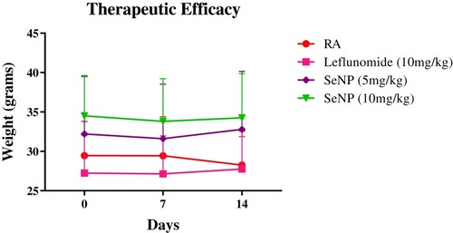 Figure 9 Weight record of SeNPs-administered healthy mice at day 0, 7, and 14 of toxicity evaluation.