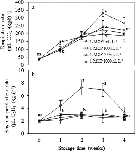 Figure 5. Respiration rate (A) and ethylene production rate (B) of Monthong durian fruit treated with different 1-MCP concentration and kept in MA chamber at 15°C up to 4 weeks. Vertical bars represent standard deviation of means from triplicate experiments. Mean values followed by different letter at similar storage time are significantly different (P ≤ .05); ns is not significantly different (P > .05).