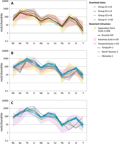 Figure 11. Chondrite normalised spider diagram of granitoid clasts with (A) trace element geochemistry similar to the Separation Point Suite, (B) trace element geochemistry dissimilar to either the Separation Point Suite or the Karamea Suite, and (C) likely A-type geochemistry compared to the Foulwind Suite including granitoids intersected by offshore wells. Samples with LOI >2 wt.% are excluded as these are likely to be affected by weathering. Chondrite data from Sun and McDonough (Citation1989).