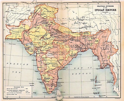 Figure 2. Yellow indicates the native Indian states or princely states in contrast to pink which represents territories of British India, territories that were permanently administered by the GOI as of 1909. Source: Available in the Public domain, via Wikimedia Commons.