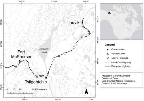 Figure 1. Map of lakes sampled along the Dempster Highway between Fort McPherson and Inuvik, Northwest Territories.