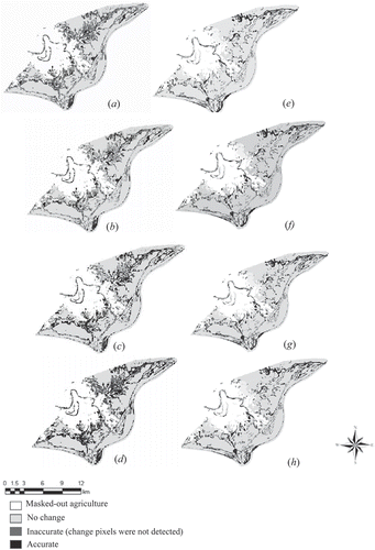 Figure 9. Spatial distribution of error; spectral (a) 1985–1993, (e) 1993–2005; spectral with GLCM (b) 1985–1993, (f) 1993–2005; spectral with variogram (c) 1985–1993, (g) 1993–2005; spectral with GLCM and variogram (d) 1985–1993, (h) 1993–2005.