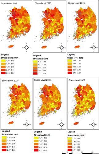 Figure 2. Perceived stress levels in the municipal districts for the period before (2018–2019) and during (2020–2021) the COVID-19 pandemic.
