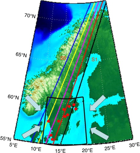 Fig. 1 Schematic of the CALIPSO orbits following the elongated major axis of Sweden. The red dots mark the most populated cities in southern Sweden.