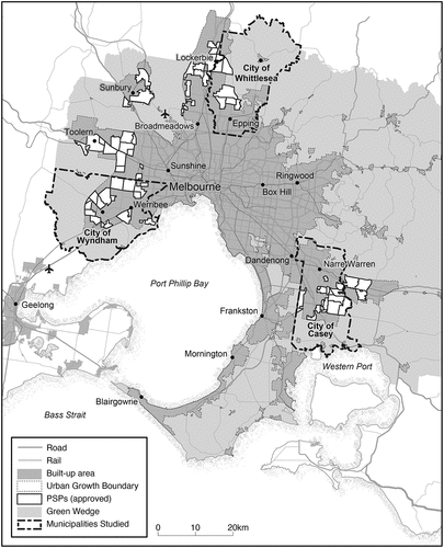 Figure 2. Melbourne urban growth boundary, case study cities and precinct structure plans (PSPs).