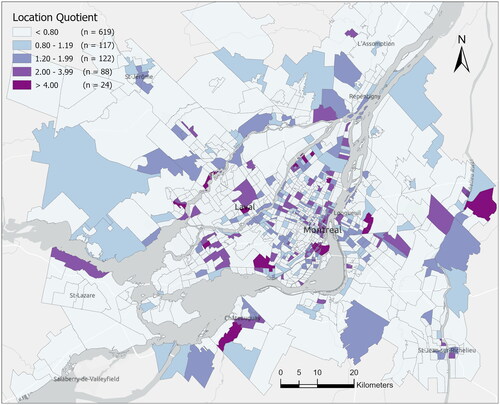 Figure 2. Concentration of subsidized housing in the Montreal census metropolitan area by census tract. Source. Authors’ calculations based on the 2016 Statistics Canada Census Tract Data.