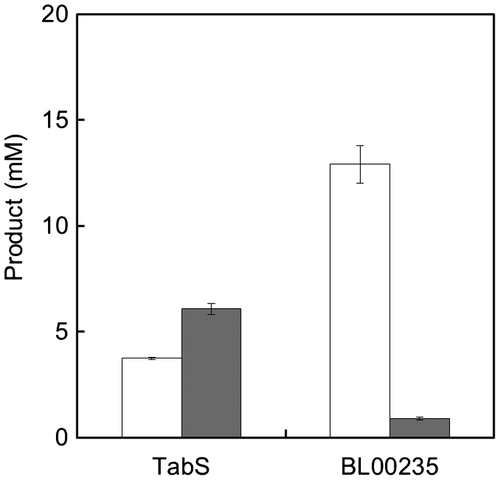 Fig. 3. Synthesis of Met-Gly (white bars) and Met-Met (dark bars) by TabS and BL00235.