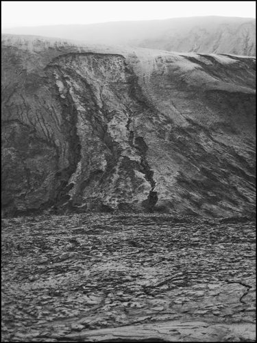 Figure 8 Black-and-white photograph of fine-grained mantle of unit 4 that covers much of island and is susceptible to gullying and shallow landslides on steep slopes. Some slides transform into mud-lump debris flows (foreground). Slope in middle distance is about 30-m high and is part of former sea cliff north of former USFWS cabin (Fig. 4). Slope is covered by thin deposits of units 2 and 3 and 1–2 m of unit 4; slide chiefly involves unit 4. Crater rim is in far distance (USGS photograph by W. E. Scott).