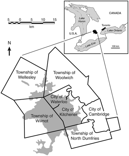 Figure 1. Waterloo Region with its three cities and four rural townships, also showing the Waterloo Moraine (shaded grey).