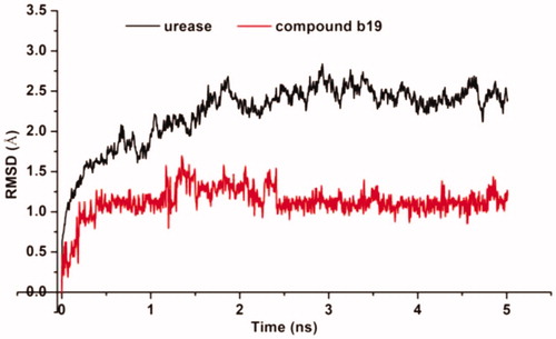 Figure 5. The RMSD values obtained during 6 ns of molecular dynamic simulation for urease and b19.