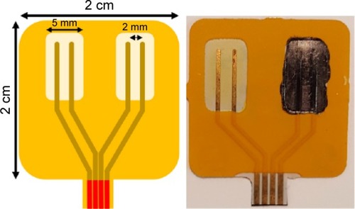 Figure 1 The temperature sensor.Notes: Left: drawing of the Kapton substrate for the temperature sensor. Right: substrate with an electrode pair coated by a film of MWCNTs–SEBS.Abbreviations: MWCNTs, multiwalled carbon nanotubes; SEBS, poly(styrene-b-(ethylene-co-butylene)-b-styrene).