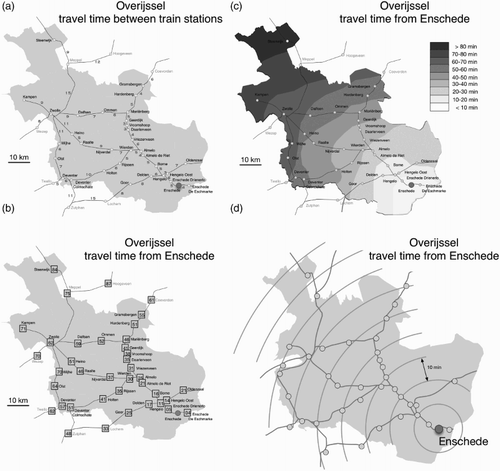 Figure 2. Mapping travel times from the city of Enschede to other parts in the province of Overijssel. (a): Labels along the netwrok segments. (b): Labels at destinations. (c): Isochrones. (d): A time cartogram.