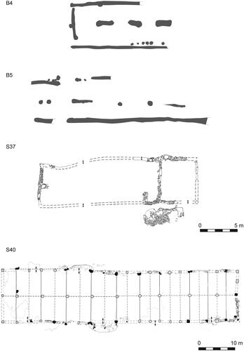 fig 19 The barns and granary from Grove Priory compared to B4 and B5 from Patcham. Taken from Baker Citation2013, figs 10.06, 10.07; Albion Archaeology Citation2013, fig 22.12.