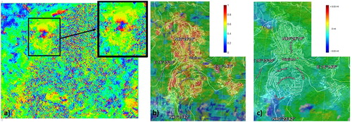 Figure 3 Maps of (a) phase shift (interferogram), (b) coherence, (c) displacements, of Stigliano area.