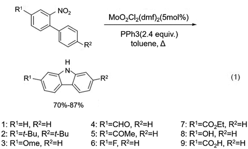 Figure 4. Synthesis of carbazoles and carbazole derivatives using disubstituted nitrobiphenyls in presence of MoO2Cl2(dmf)2 and PPh3.