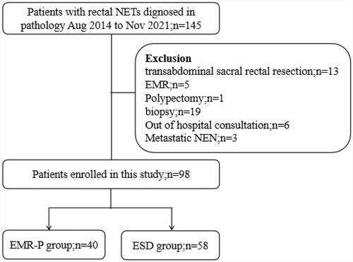 Figure 3. Flowchart of patient enrollment. EMR: Endoscopic mucosal resection; EMR-P: Precut endoscopic mucosal resection; ESD: Endoscopic submucosal dissection; IQR: Interquartile range.