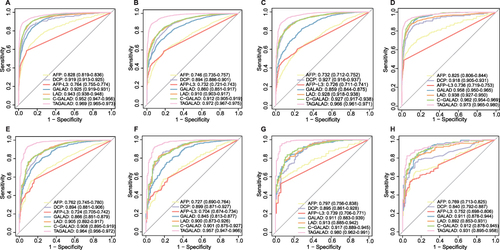 Figure 2 The ROC curve analyses of GALAD, LAD, C-GALAD, TAGALAD and individual tumor marker in training and validation cohorts. (A–D) Training cohort: The AUC analysis showed the diagnostic efficacy of the three nomograms for HCC and BLDs (A) (LAD: AUC: 0.943, 95% CI: 0.938–0.948; C-GALAD: AUC: 0.952, 95% CI: 0.947–0.956; TAGALAD: AUC:0.969, 95% CI: 0.965–0.973) better than GALAD (AUC: 0.925, 95% CI: 0.919–0.931) and individual tumor markers (AFP: AUC: 0.828, 95% CI: 0.819–0.836; DCP: AUC: 0.919, 95% CI: 0.913–0.925; AFP-L3: 0.764, 95% CI: 0.755–0.774). In the subgroup analysis of HCC vs LC (B), HBV-HCC vs CHB (C) and HCC vs BLDs (both without HBV infection) (D), the diagnostic algorithm still achieved excellent diagnostic performance, with AUCs exceeding 0.900. (E–G) Internal validation cohort: The AUC revealed that the nomograms (LAD: AUC: 0.905, 95% CI: 0.892–0.917; C-GALAD: AUC: 0.908, 95% CI: 0.895–0.919; TAGALAD: AUC: 0.964, 95% CI: 0.956–0.972) showed the best diagnostic power for HCC vs BLDs (E) in the internal validation cohort (AFP: AUC: 0.763, 95% CI: 0.745–0.780; DCP: 0.894, 95% CI: 0.881–0.906; AFP-L3: AUC: 0.724, 95% CI: 0.705–0.742; GALAD: AUC: 0.866, 95% CI: 0.851–0.879). Similarly, in the subgroup analyses of HBV-HCC vs CHB (F) and HCC vs BLDs (both without HBV infection) (G) in the internal validation cohort, the diagnostic algorithms continued to show excellent performance, with all AUCs exceeding 0.900. (H) External validation cohort: For the external validation cohort, the nomograms (LAD: AUC: 0.892, 95% CI: 0.853–0.931; C-GALAD: AUC: 0.912, 95% CI: 0.878–0.945; TAGALAD: AUC: 0.931, 95% CI: 0.895–0.958) again demonstrated ideal efficacy in distinguishing HCC from BLDs, and were superior to AFP (AUC: 0.769, 95% CI: 0.713–0.825, P<0.001), DCP (AUC: 0.840, 95% CI: 0.792–0.887, P<0.001) and AFP-L3 (AUC: 0.752. 95% CI: 0.698–0.806. P<0.001).