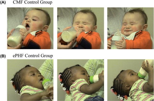 Figure 2. Facial expressions suggest infants respond differently to ePHF at 7.5 months when they (A) have been consuming CMF for the previous 7 months and do not appear to have been programmed to like the flavour of the formula or (B) have been consuming the ePHF formula for the previous 7 months and are perceived to like the formula. Permission obtained from mothers of the infants for use of images. From the American Journal of Clinical Nutrition, 2011, 93, 1019–1024, American Society for Nutrition.