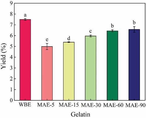 Figure 1. Yield of gelatin extracted by WBE and MAE. WBE: gelatin obtained by water bath extraction; MAE-5, MAE-15, MAE-30, MAE-60, and MAE-90: gelatin obtained by microwave-assisted extraction with extraction time of 5, 15, 30, 60, and 90 min, respectively