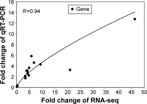 Figure 10 Relationship between relative change of gene expression measured by qRT-PCR and transcriptome sequencing. R is the Pearson’s correlation coefficient.Abbreviation: qRT-PCR, quantitative real-time reverse-transcription polymerase chain reaction.
