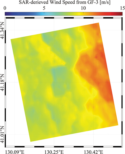 Figure 7. Wind map inverted from the VV-polarized GF-3 image acquired at 09:13 UTC on 4 April 2020, using the GMF CSARMOD-GF.