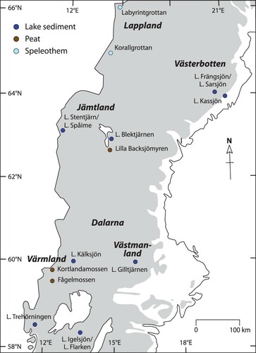 Figure 3. Sites in central and north Sweden mentioned in the text. Light grey = areas above the Baltic Sea at c. 7500 cal a BP (during the early Littorina Sea phase). The approximate position of provinces (Swe: landskap) in bold italics.