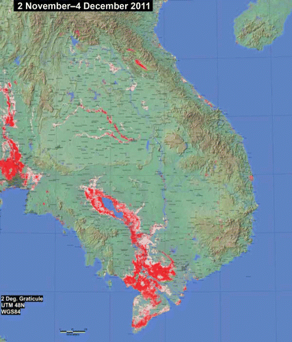 Fig. 8 Flooding in Southeast Asia as mapped by MODIS satellite imaging between 2 November and 4 December, 2011 (red); light red: previous flooding during 2011. The coastal city of Bangkok is shown near the left margin, centre, and is where an unprecedented US$15 billion total insurance loss is estimated.