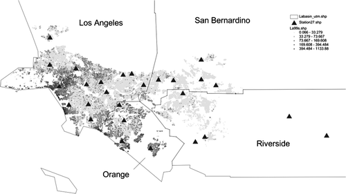 Figure 1.  Spatial distribution of price ($/m2) and location of monitoring stations.