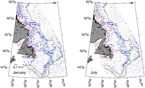 Fig. 4 Sub-sampled model currents at 20 m above bottom in January and July. The 200, 1000, and 3000 m isobaths are also depicted in red, green and black, respectively.