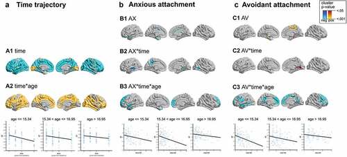 Figure 1. Neurodevelopmental trajectories of cortical thickness and associations with age and attachment.