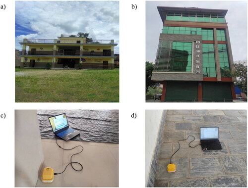 Figure 5. Representative picture for microtremor measurements of building ID (a) B9 and (b) B12; data acquisition of the building on (c) the top floor and (d) the bottom floor of the building (B12).