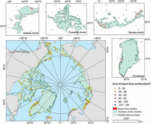 Figure 4. Distribution of impervious areas in the northern Arctic treeline. Every point in the map refers to the location of the centroid of the impervious areas and its color refers to the area. The highlighted sites in the map are located in Alaska, Canada, Russia and Greenland.