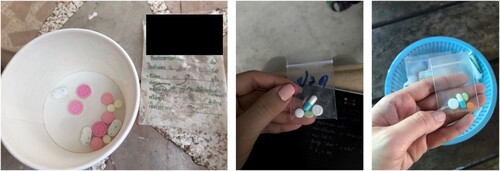 Figure 4. Medicine sets (Ya Chud) packed in plastic bags, left hand image: writing on the bag specifies frequency of administration. Middle image: writing on the bag states: ‘for pain’. Right hand image: Unlabelled.