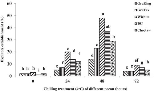 Figure 5. Effect of chilling duration (4°C) on the establishment of various pecan cultivars in micropropagation. Means of the columns followed by the same letter are not significantly different according to Duncan’s multiple range test (P ≤ 0.05)