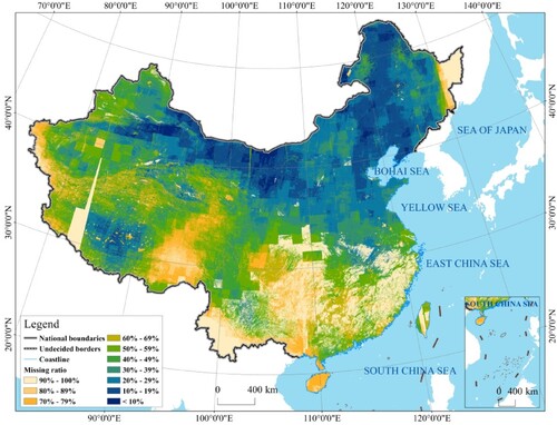Figure 6. Spatial distribution of the missing ratio for GF-1 FVC over China in 2019.