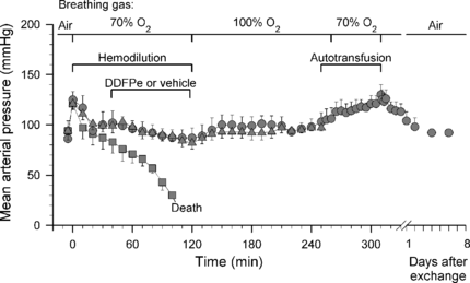 Figure 2 Series I and II. Mean arterial pressure vs. time in rats made anemic by hemodilution (same animals as Fig. 1; all data points are mean values + or − SE). Control rats (squares; n = 16) received vehicle i.v. and treatment animals received 0.7 ml/kg i.v. of 2% dodecafluoropentane emulsion (DDFPe); treatment animals kept anesthetized until euthanasia (triangles, n = 8) and treatment animals allowed to wake up (circles, n = 8). All animals breathed high concentrations of oxygen per schedule at top of figure.