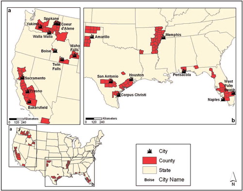 Figure 3. Source counties of crop residue burning emissions. Cities contained within and/or contiguous to these source counties are labeled (projection: Albers Equal Area Conic).