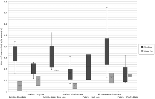 Figure 3. Box and whisker plots of fillet and whole fish mercury concentrations.