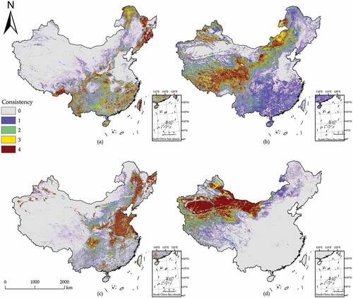 Figure 4. Consistency of (a) forest; (b) grassland; (c) cropland; (d) bare land in 2010. Note: This map is based on the standard map GS(2019)1822 downloaded from the Standard Mapping Service website of the Natural Resource of the People’s Republic of China. The base map has no modification.