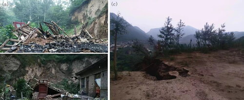 Figure 3. Landslide sites in Kongtong District available online. (a) & (b) Baishui Town, July 11 2018 (https://www.sohu.com/a/241243234_681138); (c) Kongtong Town, July 27 2018 (https://mp.weixin.qq.com/s/rNpuW3930kZevN6LUDUZoA).